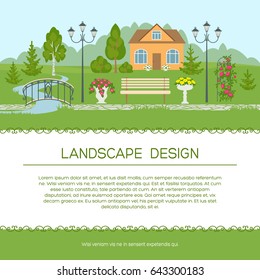 Landscape design banner, poster or brochure template with colorful house and garden flat style illustration and place for text.