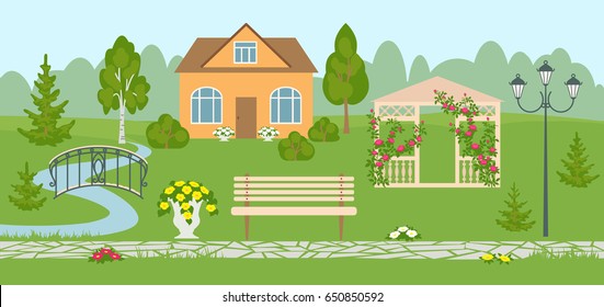 Landscape design banner or poster with different objects including house, river with garden bridge, garden path, streetlamp, bench, bower,  trees, bushes and flowers. Vector flat style illustration.