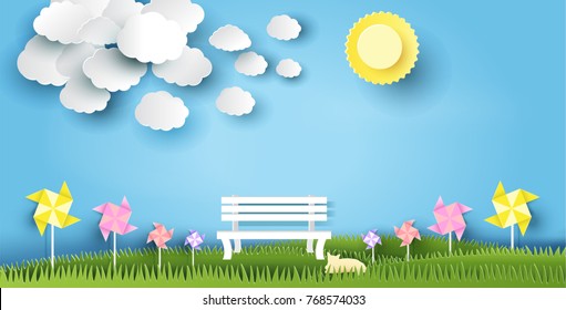 landscape design with bench on grass, sun, cloud, cat, paper art style, on pastel color background. vector illustration