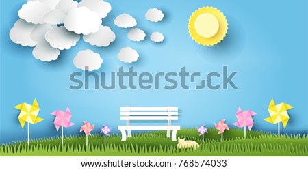 landscape design with bench on grass, sun, cloud, cat, paper art style, on pastel color background. vector illustration