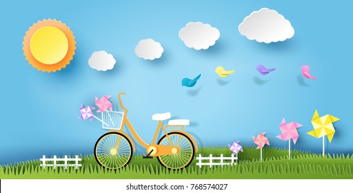 landscape design with bicycle on grass, sun, cloud, paper art style, on pastel color background. vector illustration