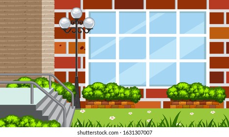 Landscape design with building wall and garden illustration