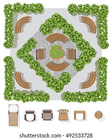 Landscape design composition with top view gardening and furniture for the garden.vector illustration