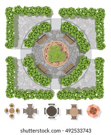 Landscape Design Composition With Top View Gardening And Furniture For The Garden.vector Illustration