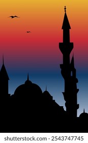 Landscape design concept of Arab style masjid silhouette isolated on colorful background with birds -vector illustration