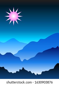 Landscape design concept of Nature drawing with sun in phantom blue color
