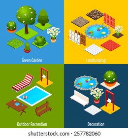 Landscape design concept set with green garden outdoor recreation and decoration isometric icons isolated vector illustration