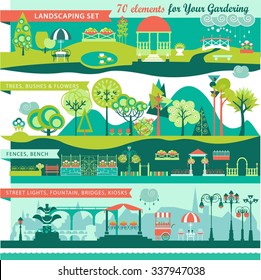 Landscape Design Constructor. City, Parks and Gardens Decoration Elements and Flora Vector Set. Fences, Lightning, Trees, Pavilions, Bridges, Yards, Gardens in Flat Vector set With 70 Objects.