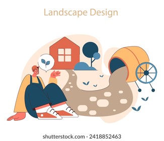 Landscape design. Creative landscape architect planning outdoor space with nature elements and garden features. Flat vector illustration