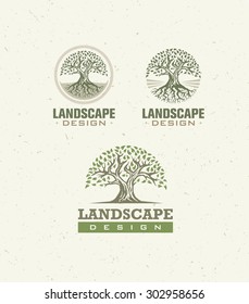 Landscape Design Creative Vector Concept. Tree With Roots Inside Circle Organic Sign Set On Craft Paper Background.