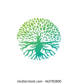 Landscape Design Creative Vector Concept. Tree With Roots Inside Circle Organic Sign
