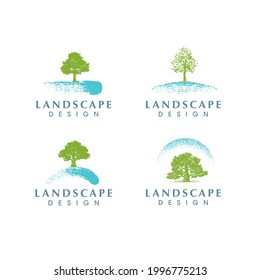 Landscape Design Eco Green Creative Vector Sign. Lawn Care and Land Clearing Company Banner Concept. Arborist Brush Stroke And Tree Illustration.