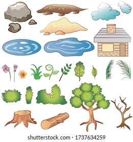 Landscape Design Element consists of trees, bushes,plants,leaves,flowers,rock,sand,soil,log,stump,ponds, clouds and cabin