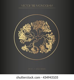 Landscape design element - oak treetop symbol in a circle. Golden line illustration. Oak logo, monogram design.