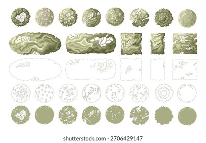 Elementos de diseño de paisaje: arbustos, árboles, arbustos y setos. Ilustración vectorial mínima para la planificación urbana, los Planes del sitio y el entorno arquitectónico.