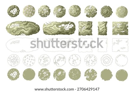 Landscape design elements: bushes, trees, shrubs, and hedges. Minimal vector illustration for urban planning, site plans, and architectural entourage.