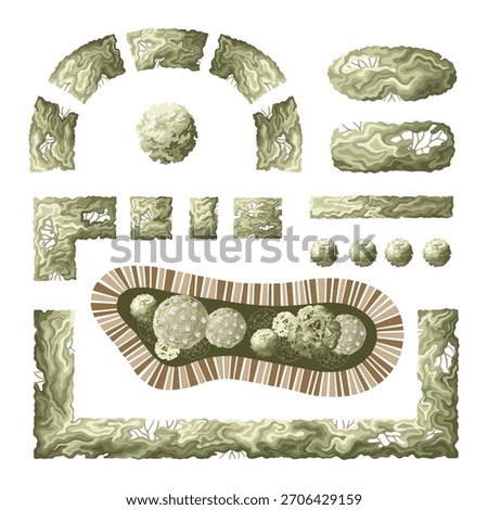 Landscape design elements: bushes, trees, shrubs, and hedges. Minimal vector illustration for urban planning, site plans, and architectural entourage.