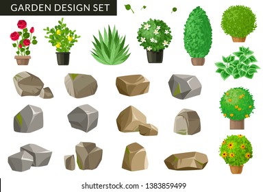 Landscape design elements. Plants and stones on a white background. Set of nine detailed garden bushes. Summer and spring flowers in garden. Vector