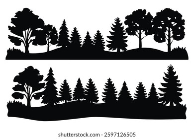 Landscape design, fir tree silhouettes set isolated flat vector illustration on white background