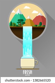 Landscape design in flat style With mountain and waterfall. Modern background concept