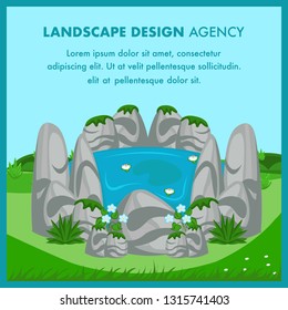 Landscape Design Flat Vector Banner Template. Scenery Illustration, Text Space, Frame. Lake, Flower, Tree, Stone, Sky Design Element. Nature Concept Clipart. Landscaping Agency Poster, Web Page Idea
