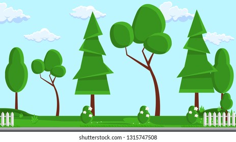 Landscape Design Flat Vector Illustration. Tree, Fence Design Element with Text Space. Web Banner, Poster, Idea. Green Plants, Sky Background Design Element Natural Clipart. Brochure, Book Page Idea