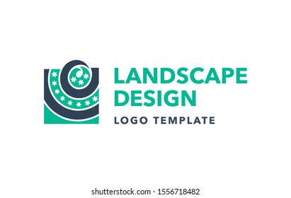 Landscape design or gardening logo template - lawn and flowerbed top view in modern emblem style - isolated vector icon