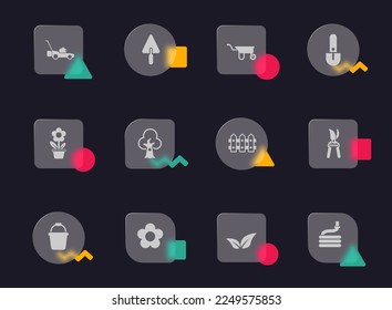 landscape design glass morphism trendy style icons. landscape design transparent glass vector icons with color memphis figures. for web and ui design, mobile apps and promo business advertising