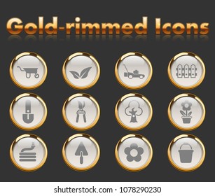 landscape design gold-rimmed vector icons with black background