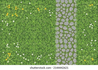 Landscape design. Grass with stone path. Top view. Walkway landscape with stone path, paving flagstone. View from above.