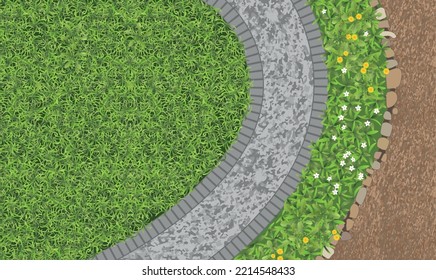 Landscape design. Grass with stone path. Top view. Walkway landscape with stone path, paving flagstone. View from above.