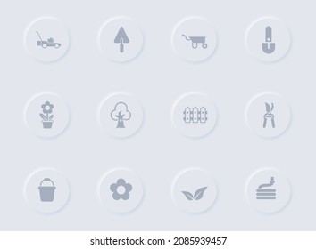 Graue Vektorsymbole in Landschaftsdesign auf runden Gummi-Tasten. Design-Icon-Set für Web, mobile Apps, i-Design und Förderung der Unternehmenspolygraphie