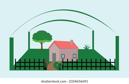 Landscape design house icon. green house with sky, vector.