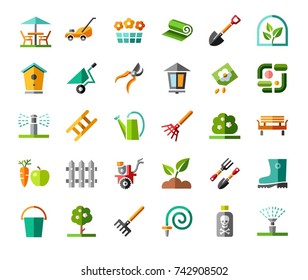 Landscape design, icons, colored, vector. Arrangement of land. Equipment for horticulture. Colored flat icons with a 3D effect on a white background. 