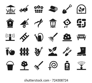 Landscape design, icons, monochrome, vector. Arrangement of land. Equipment for horticulture. Dark grey, flat icons on white background.  