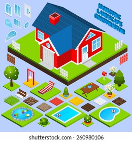 Landscape design isometric with building elements swimming pool trees and flowers vector illustration