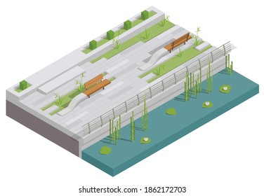 Landscape design isometric composition with isolated piece of embankment with metal fence wooden benches and plants vector illustration