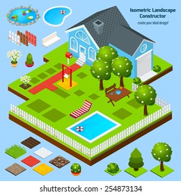 Landscape design isometric constructor with house garden and lawn architecture elements vector illustration