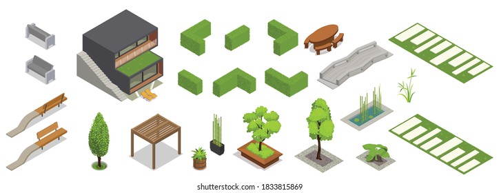 Landscape design isometric set with isolated icons of plants and garden furniture with bridge and buildings vector illustration