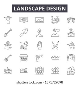 Landscape design line icons, signs set, vector. Landscape design outline concept, illustration: delandscape,tree,plant,nature