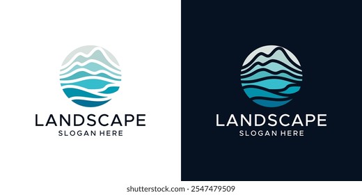 Logotipo abstracto de la montaña con el diseño del agua de mar en estilo colorido. icono del símbolo del Vector