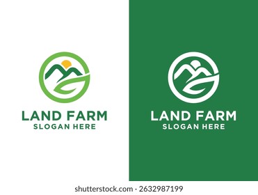 logotipo do projeto da paisagem, logotipo da paisagem vetorial. logotipo da terra agrícola com folhas verdes e montanhas	