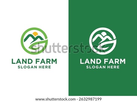 landscape design logo, vector landscape logo. farmland logo with green leaves and mountains	