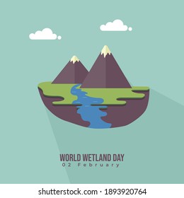 Landscape design of mountain with water flow vector illustration. good template for wetland day design.