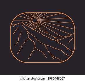 Landscape design of mountains and bright sun in mono line art, patch badge design, emblem design, T-Shirt Design