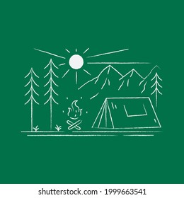 landscape design of mountains and camp in mono line art, patch badge design, emblem design, T-Shirt Design