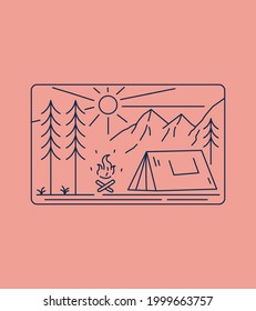 landscape design of mountains and camp in mono line art, patch badge design, emblem design, T-Shirt Design
