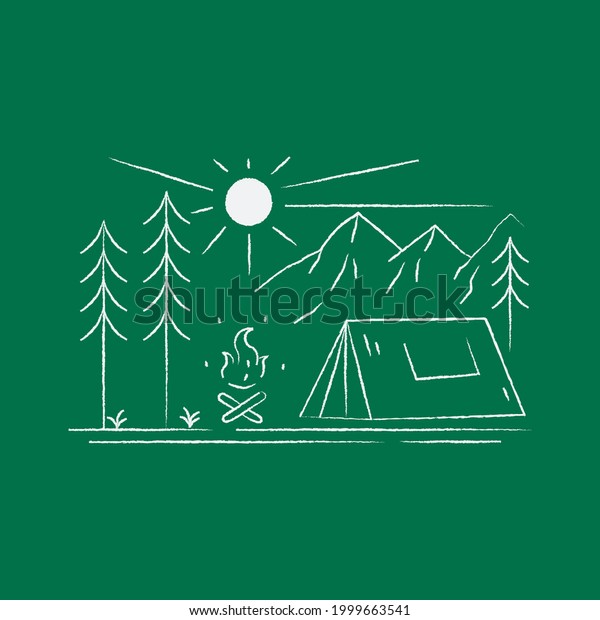 landscape design of\
mountains and camp in mono line art, patch badge design, emblem\
design, T-Shirt\
Design