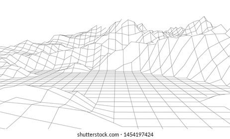Landscape design of mountains. Wireframe landscape 3d. Vector illustration.