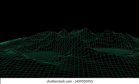 Landscape design of mountains. Wireframe landscape 3d. Vector illustration.